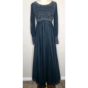 Vintage Mike Benet Formals Beaded Rhinestone Empire Waist Black‎ Gown Size 8